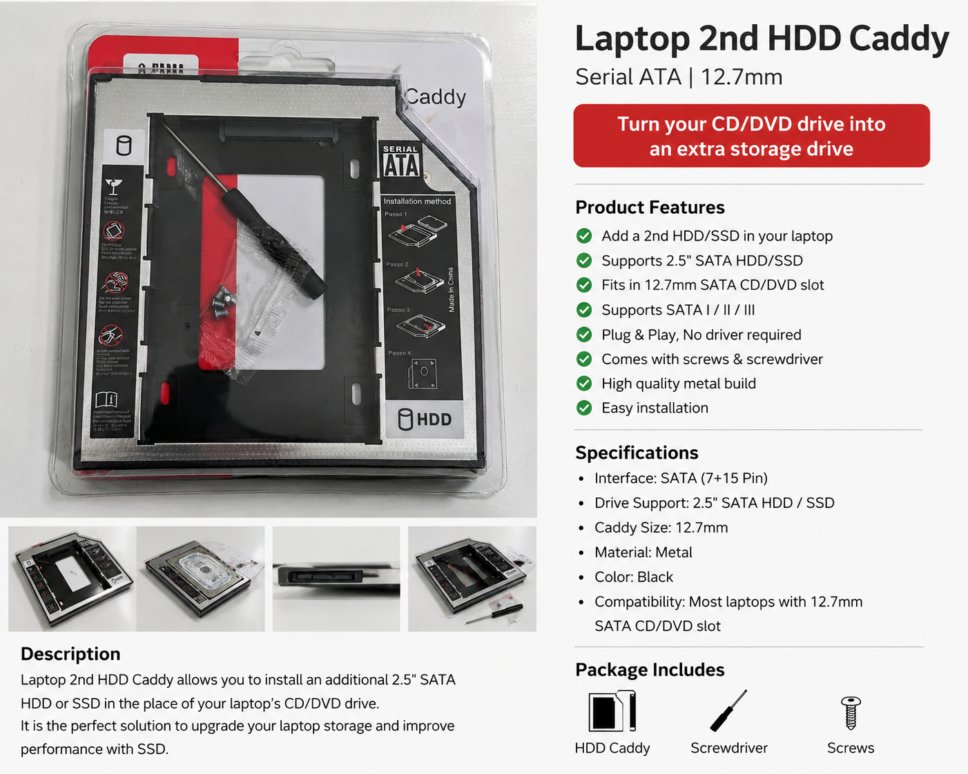 Laptop 2nd HDD Caddy | 12.7mm SATA Hard Drive Caddy | SSD & HDD Adapter for Laptop DVD Bay