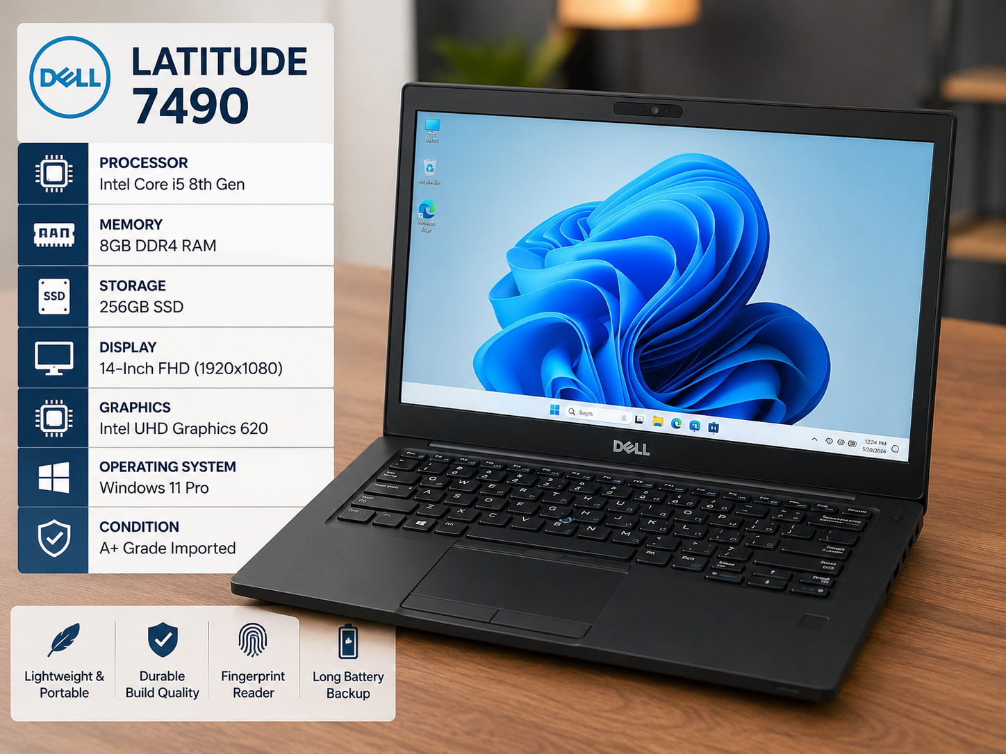 Dell Latitude 7490 Laptop | Intel Core i5 8th Gen | 8GB RAM | 256GB SSD | 14-Inch Full HD Display